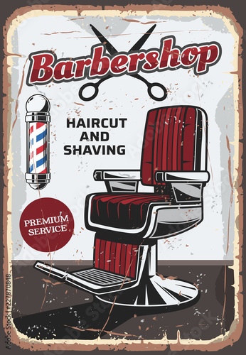 Barbershop chair and scissors, retro vector