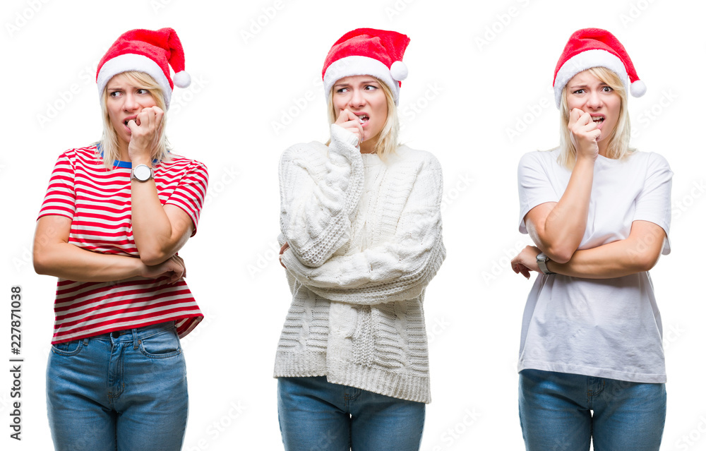 Collage of beautiful blonde woman wearing christmas hat over isolated background looking stressed and nervous with hands on mouth biting nails. Anxiety problem.