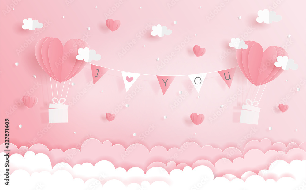 Paper origami of love concept with heart balloons and banners hanging in the sky, Valentine's and wedding card in paper cut style vector. 