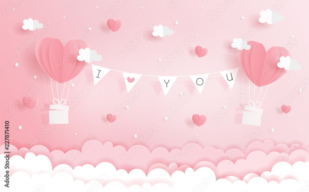 Naklejka Paper origami of love concept with heart balloons and banners hanging in the sky, Valentine's and wedding card in paper cut style vector.