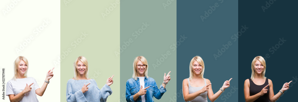 Fototapeta premium Collage of beautiful blonde woman over green vintage isolated background smiling and looking at the camera pointing with two hands and fingers to the side.