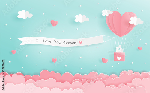 Paper origami of love concept with heart balloons and signboard hanging in the sky, Valentine's and wedding card in paper cut style vector.