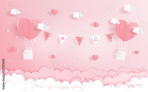 Paper origami of love concept with heart balloons and banners hanging in the sky, Valentine's and wedding card in paper cut style vector. 