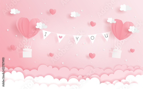 Naklejka Paper origami of love concept with heart balloons and banners hanging in the sky, Valentine's and wedding card in paper cut style vector. 