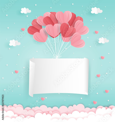 Paper origami with heart balloons and blank banner signboard hang in the sky with blue pastel background, template for text and label, vector art and illustration.