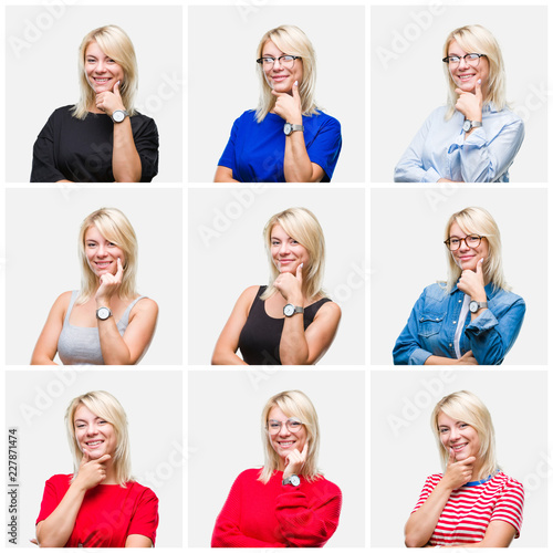 Collage of beautiful blonde woman wearing differents casual looks over isolated background looking confident at the camera with smile with crossed arms and hand raised on chin. Thinking positive.