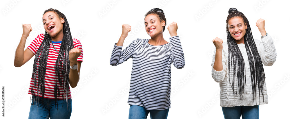 Collage of beautiful braided hair african american woman over isolated background very happy and excited doing winner gesture with arms raised, smiling and screaming for success. Celebration concept.