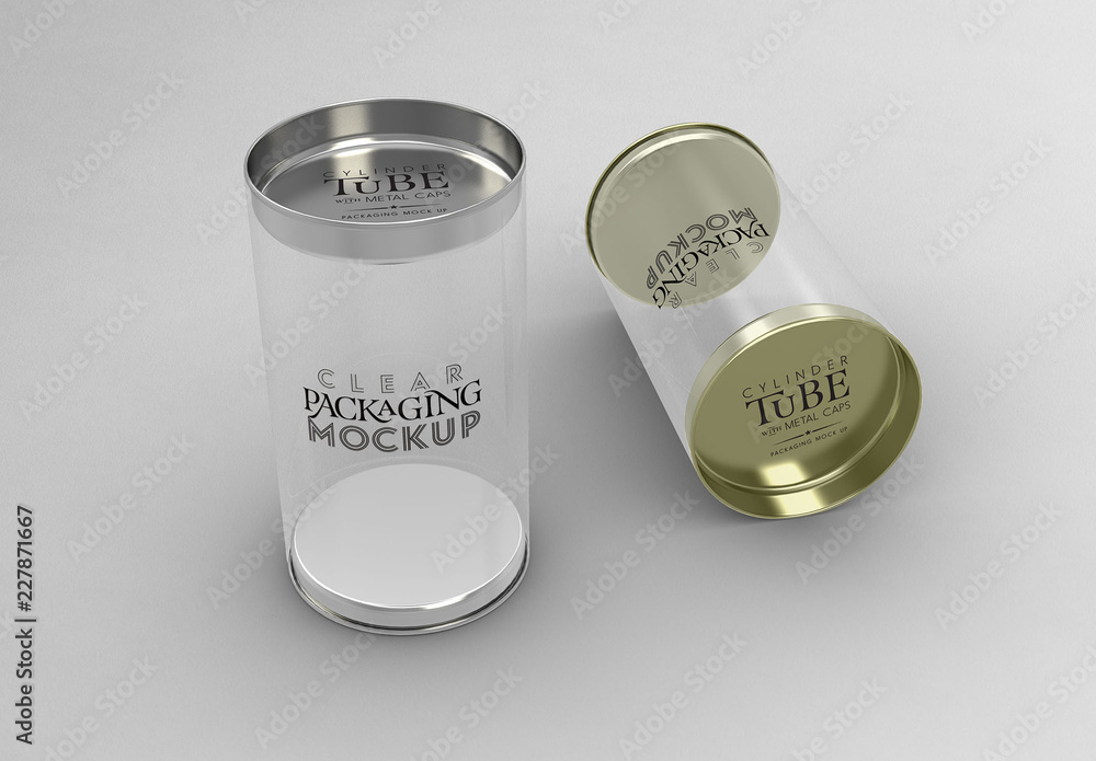 Šablona „Cylinder Packaging with Plug Caps Mockup“ ze služby Stock | Adobe  Stock