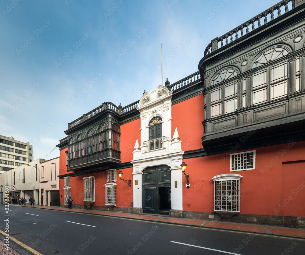 Facade of Riva Aguero house in the downtown of Lima city. Peru.