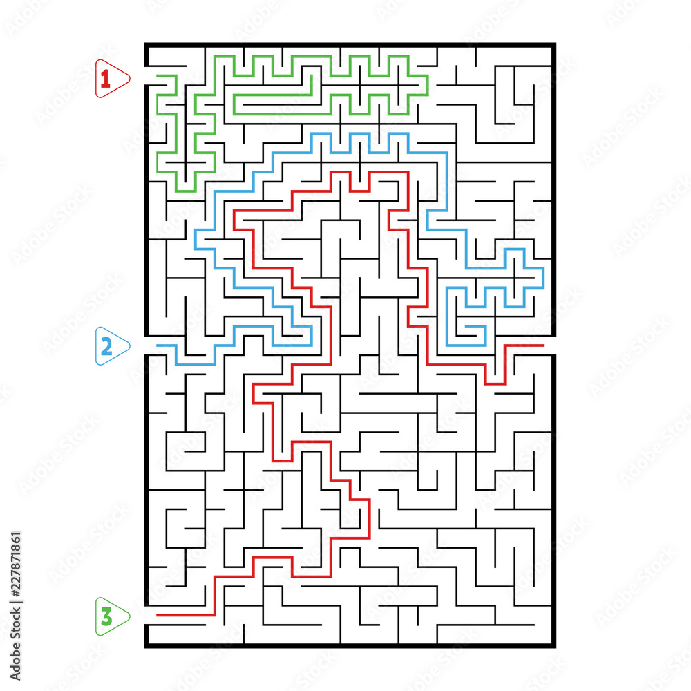 Abstract rectangular large maze. Game for kids. Puzzle for children. Three entrances, one exit. Labyrinth conundrum. Flat vector illustration isolated on white background. With answer. Abstract rectangular large maze. Game for kids. Puzzle for children. Three entrances, one exit. Labyrinth conundrum. Flat vector illustration isolated on white background. With answer.
