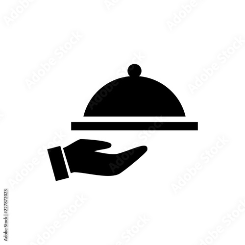 Covered food tray on a hand of hotel room service vector icon