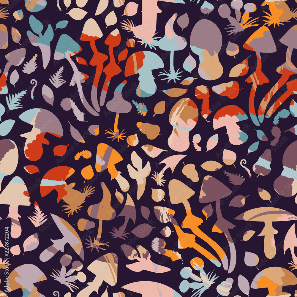 Naklejka premium Seamless pattern with Forest mushrooms - vector outline hand drawn sketch. Collection of different mushrooms.