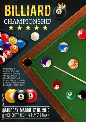 Billiards game table with cue and balls