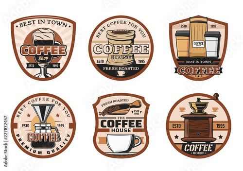 Coffee shop, cups and beans icons