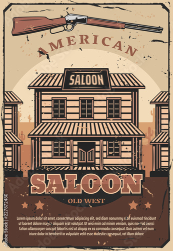 Wild West retro poster, American saloon and gun