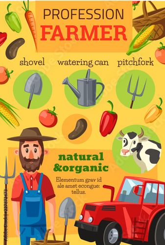 Farmer profession, tools and vegetables