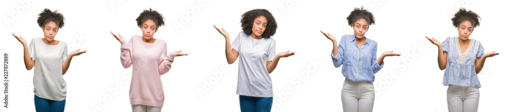 Collage of african american woman over isolated background clueless and confused expression with arms and hands raised. Doubt concept. Collage of african american woman over isolated background clueless and confused expression with arms and hands raised. Doubt concept.