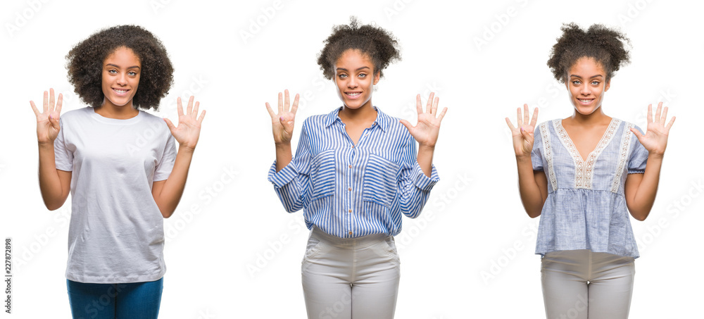 Collage of african american woman over isolated background showing and pointing up with fingers number nine while smiling confident and happy.