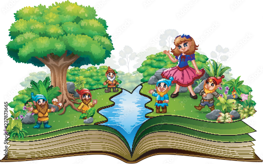 Naklejka premium Otwórz książkę z piękną śnieżnobiałą i krasnoludkiem