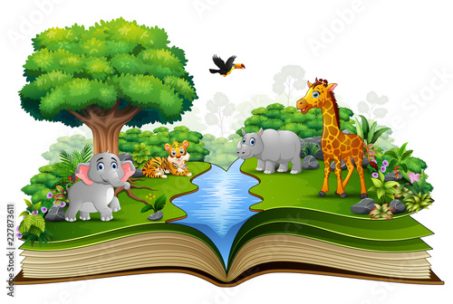 Open book with the animal cartoon playing in the river