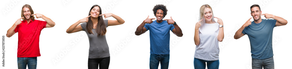 Composition of african american, hispanic and caucasian group of people over isolated white background smiling confident showing and pointing with fingers teeth and mouth. Health concept. Composition of african american, hispanic and caucasian group of people over isolated white background smiling confident showing and pointing with fingers teeth and mouth. Health concept.