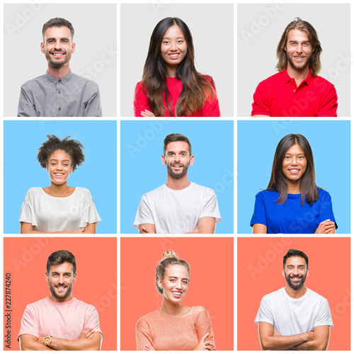 Collage of group of young people over colorful isolated background happy face smiling with crossed arms looking at the camera. Positive person.