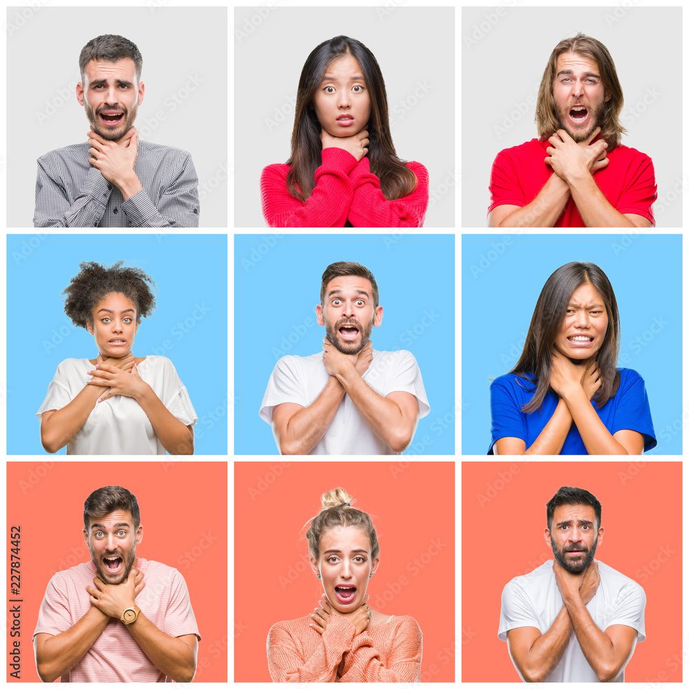 Collage of group of young people over colorful isolated background shouting and suffocate because painful strangle. Health problem. Asphyxiate and suicide concept. Collage of group of young people over colorful isolated background shouting and suffocate because painful strangle. Health problem. Asphyxiate and suicide concept.