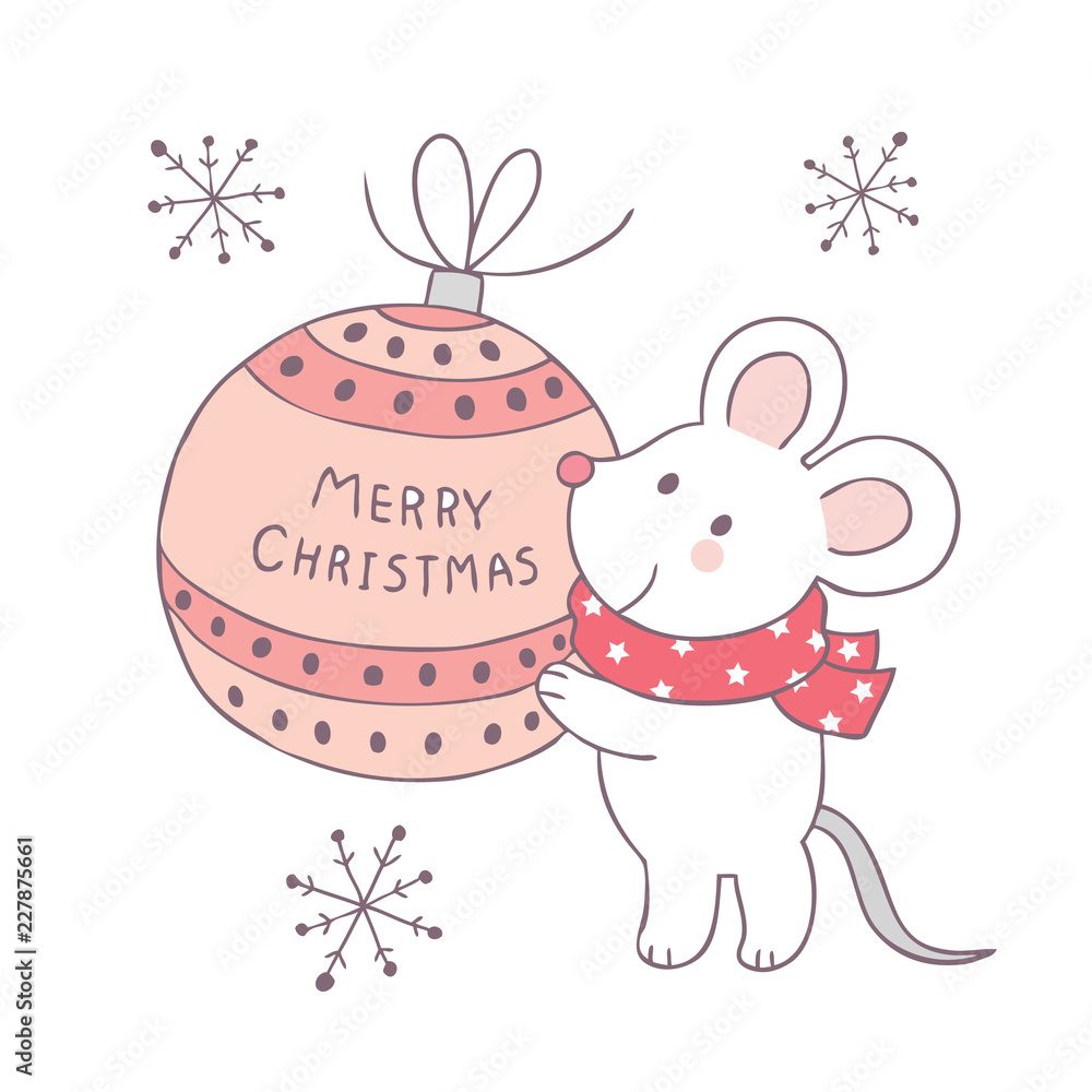 Obraz premium Cartoon cute Christmas mouse and ball vector.