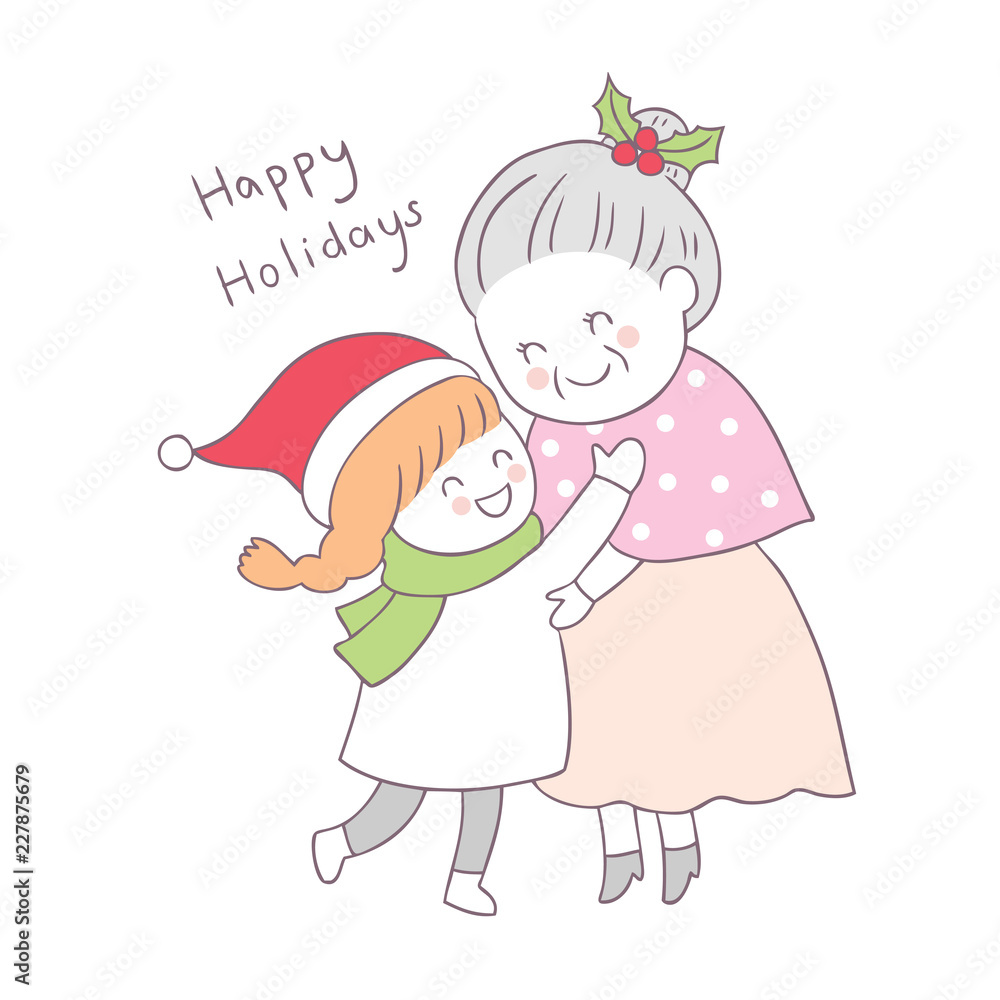 Cartoon cute Christmas girl hug older woman vector. Cartoon cute Christmas girl hug older woman vector.