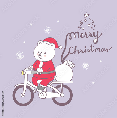 Cartoon cute Christmas Santa Claus polar bear riding bicycle vector.