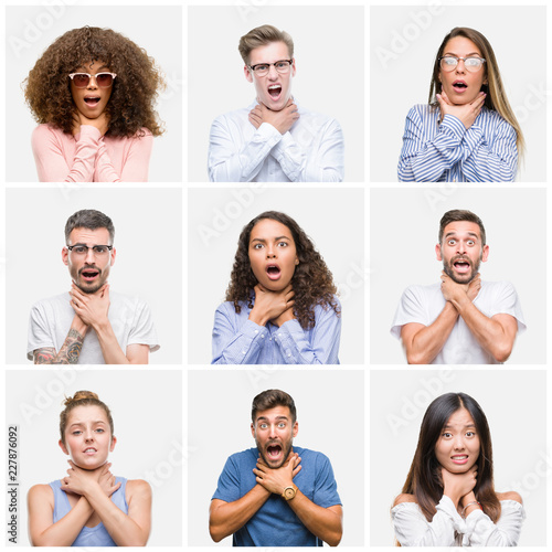 Fotografía Collage of group of young people woman and men over white solated background shouting and suffocate because painful strangle