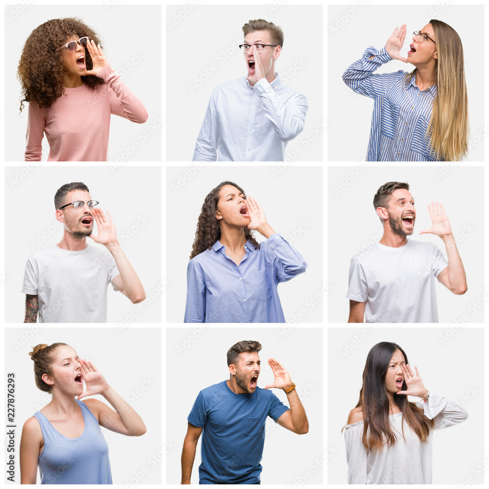 Collage of group of young people woman and men over white solated background shouting and screaming loud to side with hand on mouth. Communication concept.