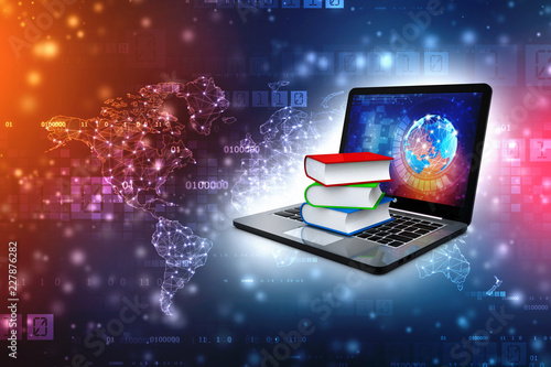 Digital library and online education concept - laptop computer with colorful books. 3d rendering