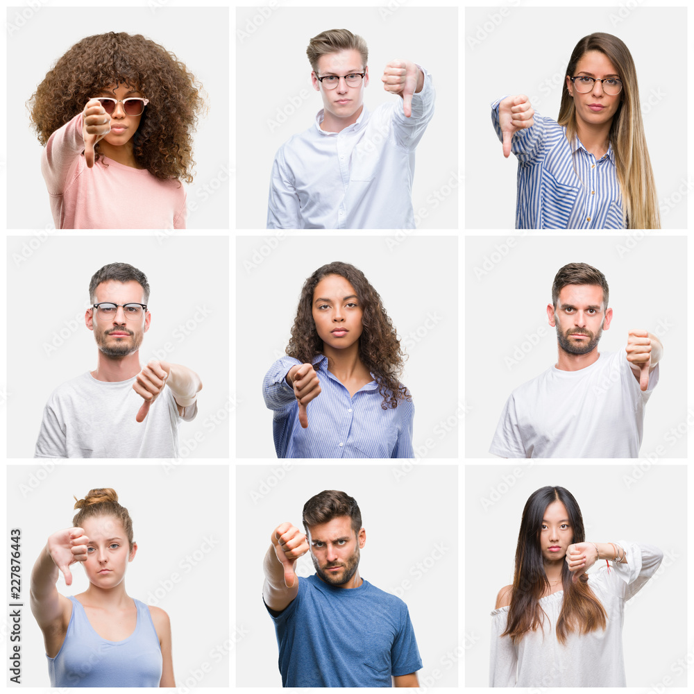 Collage of group of young people woman and men over white solated background looking unhappy and angry showing rejection and negative with thumbs down gesture. Bad expression. Collage of group of young people woman and men over white solated background looking unhappy and angry showing rejection and negative with thumbs down gesture. Bad expression.