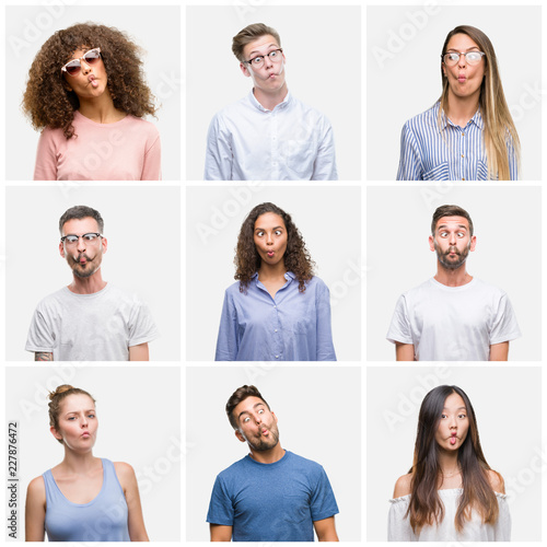 Collage of group of young people woman and men over white solated background making fish face with lips, crazy and comical gesture. Funny expression.