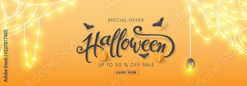 Happy Halloween banners party invitation or sale poster background with Cobweb glowing lights .Vector illustration .