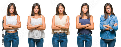 Collage of asian young woman standing over white isolated background skeptic and nervous, disapproving expression on face with crossed arms. Negative person.