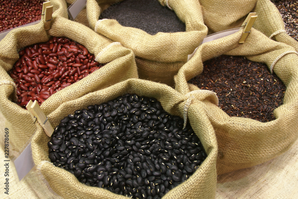 Black, Red Beans and Grains in Burlap Sacks