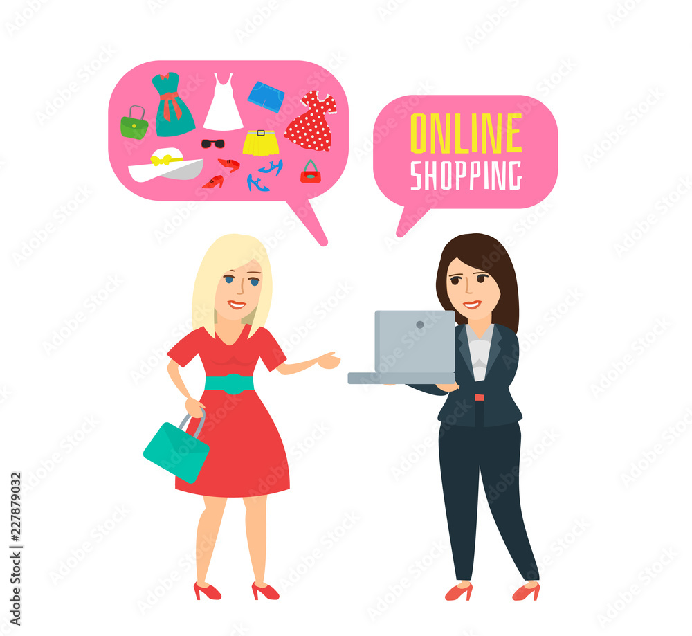online shopping woman showing laptop to other girl purchasing clothes