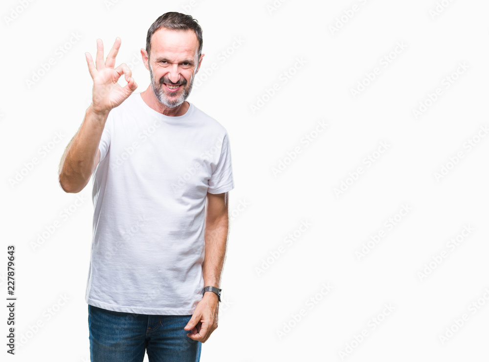 Middle age hoary senior man wearing white t-shirt over isolated background smiling positive doing ok sign with hand and fingers. Successful expression. Middle age hoary senior man wearing white t-shirt over isolated background smiling positive doing ok sign with hand and fingers. Successful expression.