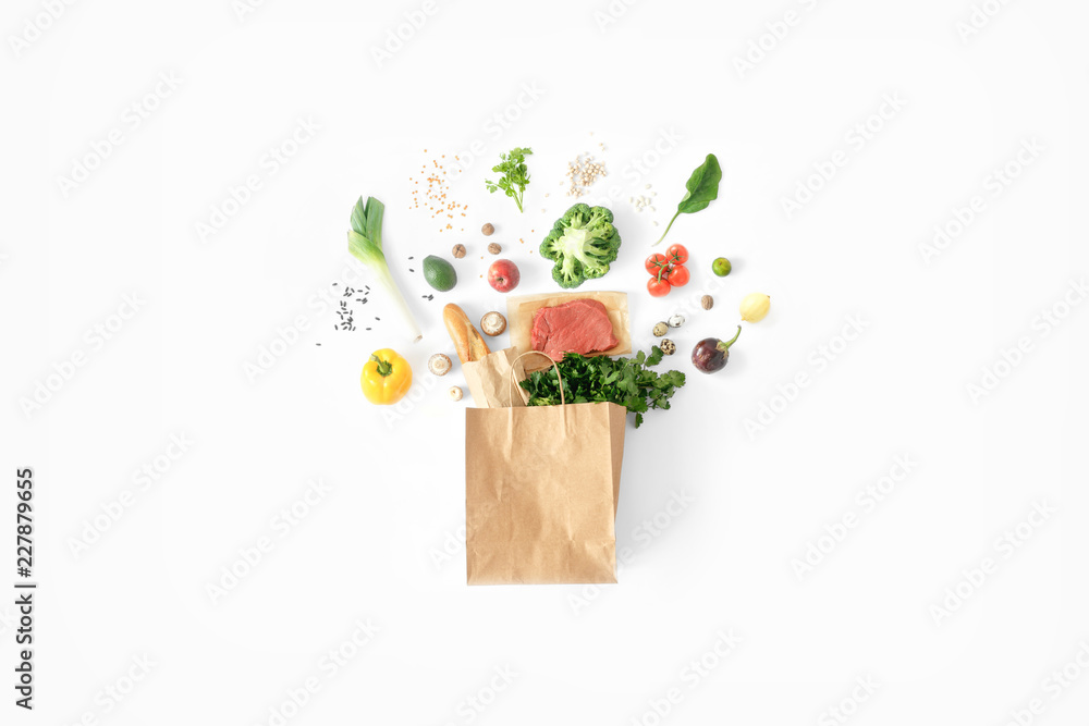 Full paper bag healthy food white background Healthy eating background - obrazy, fototapety, plakaty 