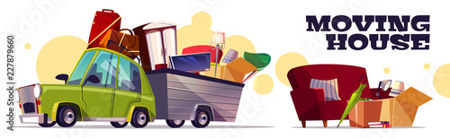 Moving house vector concept with car carrying filled cardboard boxes, baggage, TV and furniture in utility trailer cartoon illustration on white background. Transporting home stuff with own automobile