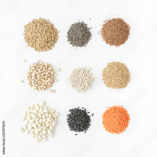 Set cereals white background Healthy food source protein vegetarians