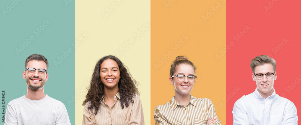 Obraz premium Collage of a group of people isolated over colorful background happy face smiling with crossed arms looking at the camera. Positive person.