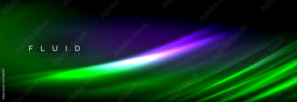 Naklejka premium Neon glowing fluid wave lines, magic energy space light concept, abstract background wallpaper design