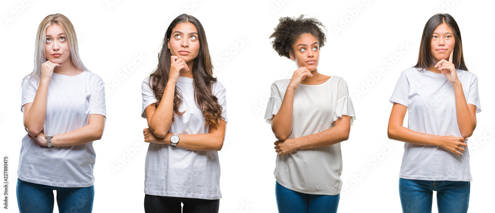 Obraz premium Collage of group of chinese, arab, african american woman over isolated background with hand on chin thinking about question, pensive expression. Smiling with thoughtful face. Doubt concept.
