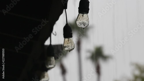 String of electric filament lightbulbs in the rain.  The power is out on a dreary grey day during a rain storm.  The sound of the rain can be heard as if falls down in streams.  photo