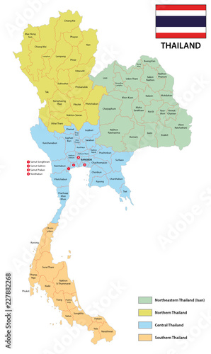 provinces and regions vector map of the kingdom of thailand with flag