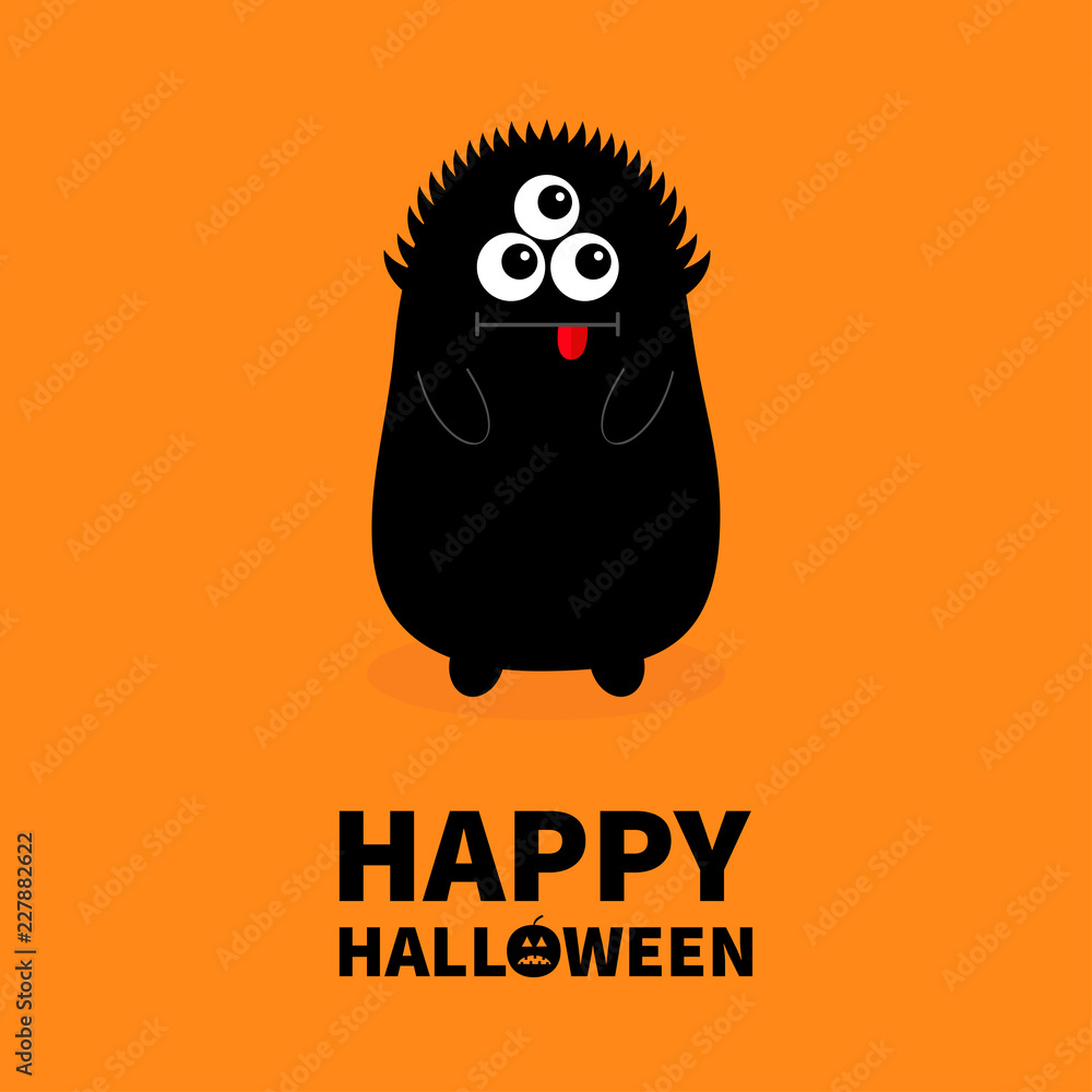 Naklejka premium Happy Halloween. Monster black silhouette. Open mouth. Three eyes, tongue, hands. Funny Cute cartoon baby character. Flat design. Orange background. Isolated.