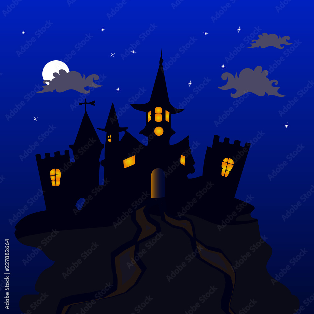 Night illustration for the holiday of Halloween, Gothic castle on top of the mountain, where the moon and stars on a dark blue background,